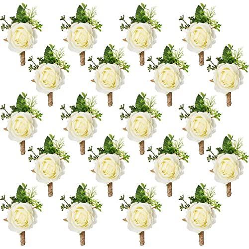 Sherr 12 Pcs Rose Boutonniere for Men Wedding Corsage Rose Groom and Groomsmen Boutonniere with Artificial Flower for Rustic Vintage Wedding Ceremony Anniversary Dinner Prom Party (White) - color: White