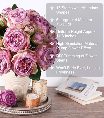 florisso Purple Austin Rose Faux Flowers - 13 Branches Faux Austin Roses for Wedding Centerpieces, Home Decor & Party Accents (Artificial Roses) - color: Austin-purple