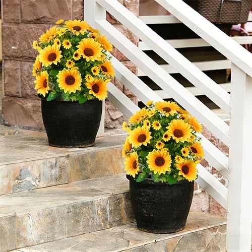 24" Artificial Boxwood Topiary Ball Tree with Ground Spike Sunflower for Outdoor Planters, UV Resistant & Waterproof Bushes, Fake Outdoor Plants for Porch Garden Yard, Set of 2