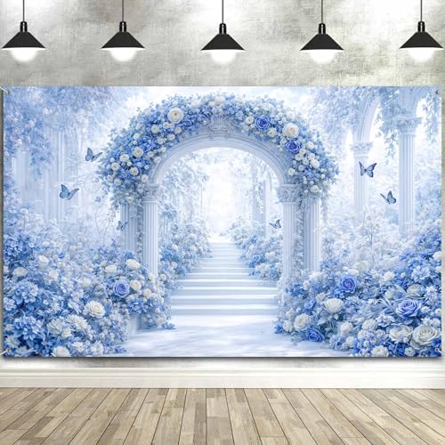 5X3ft Floral Photography Backdrop, Dreamlike Wedding Portrait Photo Background Romantic Blue Flowers Backdrop, Baby Bridal Shower Wedding Birthday Party Background Banner Decor, Blue-2 - color: Blue-2, size: 5x3ft
