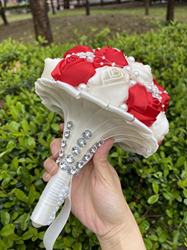 S_SSOY Wedding Bouquet Bride Bridal Brooch Bouquets Bridesmaid Bouquet Diamond Pearl Ribbon Valentine's Day Confession Party Church with Free Corsage Flower, Red+Creamy - color: Red+creamy