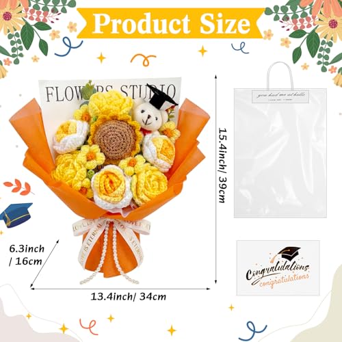 Giegxin Large Graduation Bear Flower Bouquet Set Crochet Graduation Bouquet Gift 2026 Handmade Sunflower Rose Greeting Card Gift Bag for Birthday Teacher Appreciation Grad Party Favor Supplies(Orange)