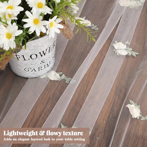 Boao 1 Pcs Eucalyptus Flower Table Runner Embroidery Tulle Summer White Rose Table Runner 120 Inch 10 ft Dining Decoration for Wedding Baby Shower Bridal Shower Home Decor Birthday Party (Champagne) - color: Champagne, size: Eucalyptus