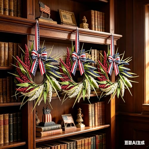 6 Pcs Small 4th of July Hanging Wreaths for Cabinets Patriotic Red White Blue Artificial Ear of Wheat Ring Small Pillar Candle Holder Wreath for Independence Day Memorial Day Porch Front Door - color: Patriotic-3