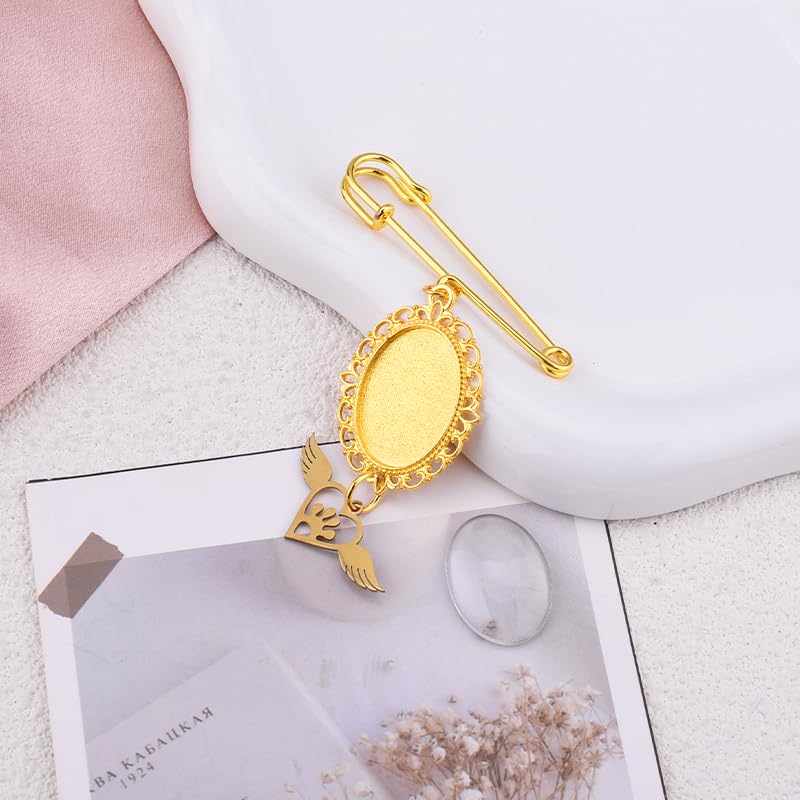 Wedding Bouquet Charm Dog Gold Picture Photo Frame Pin Pet Memorial Brooch Boutonniere Lace Oval Picture Charm With Heart Pendant Wing Pins for Grooms Bride Bridal Flower Bouquet Photo Pin