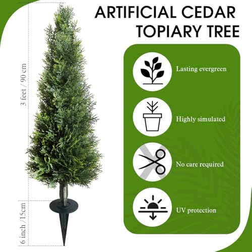 Artificial Cedar Trees with Ground Stakes, 3 Feet Tall, UV-Resistant Faux Cypress Plants for Indoor Outdoor Garden, Green, 2 Pack