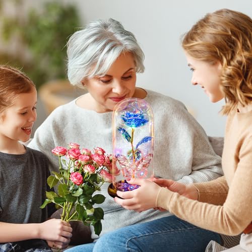 Pusuny Mothers Day Flowers Gifts for Mom Women Birthday Gift Galaxy Glass Rose Eternal Crystal Flowers Rose in Glass Dome with Butterfly Mother's Day Roses Gifts for Mom Daughter Wife Grandma Blue - color: C Blue
