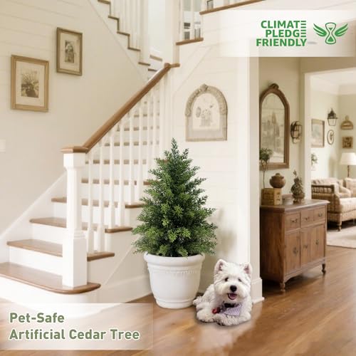 2 Pack 2ft Artificial Cedar Trees for Outdoors (UV Resistant), Potted Faux Cedar Topiary Plants for Front Porch, Realistic Evergreen Shrub for Entryway & Patio Decor - size: 2FT