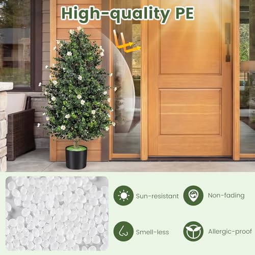 Goplus 2 Pack 36" Artificial Topiary Cone Tree, Faux Potted Shrub Plant w/49 Flowers, Cement-Filled Planter, Sun-Resistant Indoor Outdoor Evergreen Decoration for Home, Office, Front Porch (White) - color: White