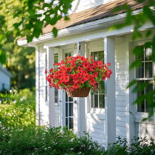 Grunyia Artificial Fake Flowers for Outdoor Spring Decoration, 16 Bundles Faux Silk Colorful Daisy UV Resistant Realistic for Outside Porch Patio Home Yard Garden Planters Pots Window Box (Red) - color: Red