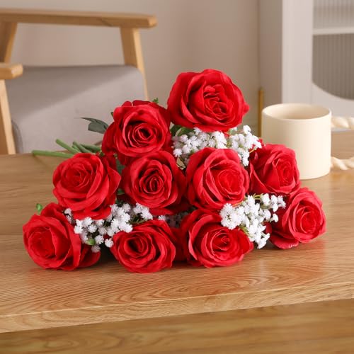 Veryhome Artificial Flowers Silk Roses Fake Bridal Wedding Bouquet for Home Garden Party Floral Decor 10 Pcs (Red Curved stem) - color: Blooming Rose - Red