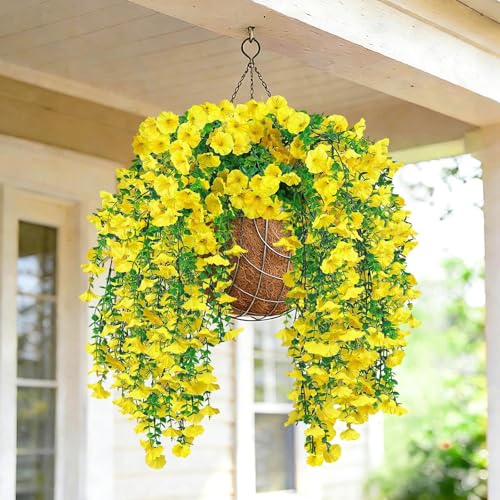 Artificial Hanging Flowers for Outdoors, 4Pcs UV Resistant Artificial Hanging Morning Glory Flowers, Spring Realistic Faux Outdoor Flower for Porch Patio Yard Garden Farmhouse Decor (Yellow) - color: Yellow