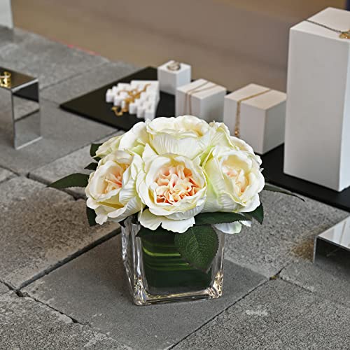 Artificial Peony Silk Flower Centerpieces Faux Floral Arrangement in Glass Vase for Home Wedding Table Decoration (Champagne) - color: Champagne