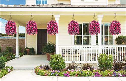 Ammyoo Artificial Flowers in Hanging Basket for Outdoors Spring Decor, Fake Mums Flowers Faux Plants with Basket for Indoors Home Porch Garden Yard Patio Decoration (Rose Red) - color: Rose Red