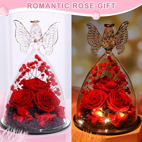 Mothers Day Rose Gifts for Women Preserved Real Flower in Glass Angel Figurines Roses for Delivery Prime Birthday Gifts for Mom Grandma Girlfriend Wife Her - Red - color: Red