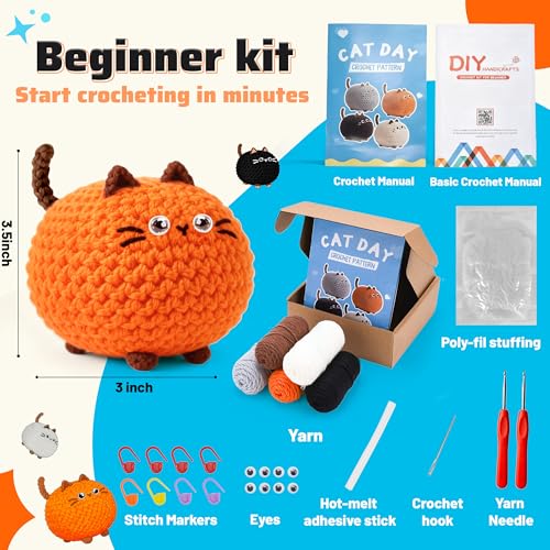 Joyclub Crochet Kit for Beginners 4 PCS Cat Family Learn to Crochet Kit with Step-by-Step Video Tutorials 40% Extra Yarn DIY Craft Gift Amigurumi Crochet Starter for Adults Knitting Lovers Mom Teacher - color: Crochet Cat
