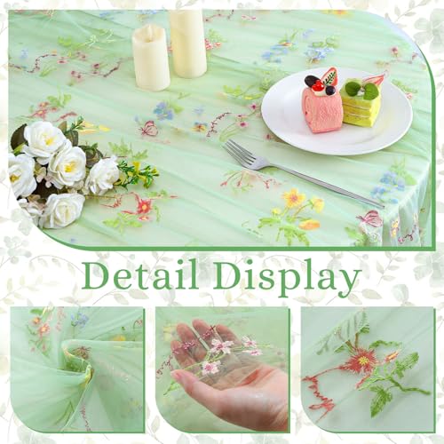BINBE 1pcs Sage Green Florals Table Runner Embroidery Gauze 10FT Daisy Seasonal Tulle Birthday Wedding Holiday Kitchen Dining Table Decor for Home Party - color: Sage Green, size: 10ft x 1pack