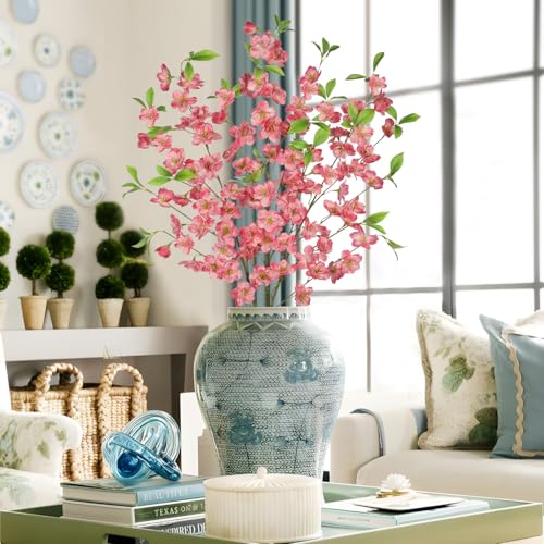 3 Pcs Dark Pink Cherry Blossom Branches 39.4" Silk Flowers with Stems Long Stem Artificial Flowers for Spring Summer Indoor Decoration Faux Flower for Vase Arrangements Table Centerpiece Wedding Decor - color: Dark Pink