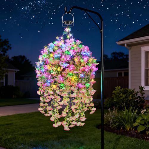 GOESWELL Outdoor Hanging Artificial Flowers Basket: Fake Plants Hanging Basket with Solar String Lights for Home Garden Enthusiasts- Realistic Faux Silk Flower Baskets for Porch Wall Patio Tree Decor - size: 10inch, style: morning glory - pink white