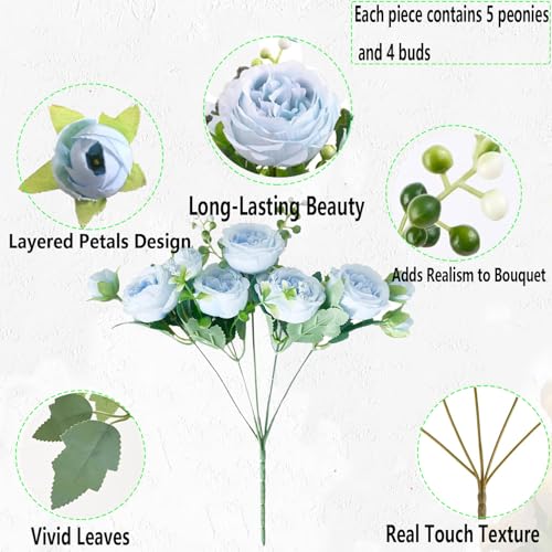 Peonies Artificial Flowers 12 Bundles Pink Flowers Bouquet, Lifelike Silk Fake Peonies with Stems for Home Table Centerpieces, Wedding, Party & DIY Bridal Floral Arrangements (Blue) - color: Blue