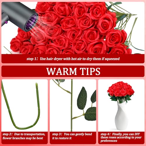 30pcs Red Roses Artificial Flowers, Fake Silk Roses with Stems in Bulk, Faux Roses for Anniversary Valentine's Day Birthday Gifts Wedding Bridal Bouquets Centerpiece Party Home Decor - color: Red