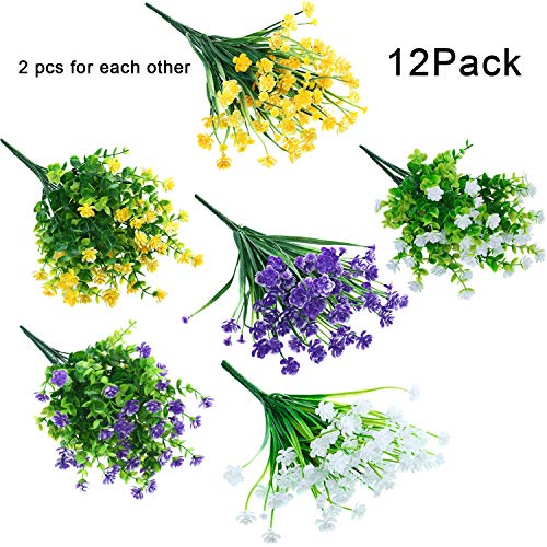 WILLBOND 12 Bundles Artificial Flowers Outdoor, UV Resistant Faux Artificial Plants Shrubs Plastic Flower Bulk for Hanging Planter Porch Window Home Spring Summer Decor(Yellow, Purple, White) - color: Yellow, Purple, White