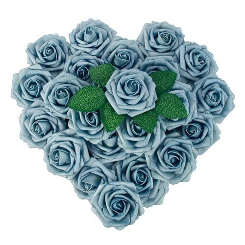 [25PCS] Light Blue Roses Artificial Flowers with Long Stem Real Touch Fake Foam Roses for Decoration DIY Wedding Bouquets Centerpieces Bridal Shower Flower Arrangements Home Decor - color: Light Blue