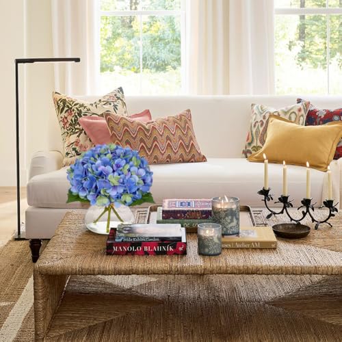 Hollyone Hydrangea Artificial Flowers with Glass Vase Blue-Green Silk Faux Flowers Arrangements in Vase with Faux Water Fake Floral Bulk Bouquet for Home Decor Table Centerpiece Decorations - color: Hydrangea, Blue-green