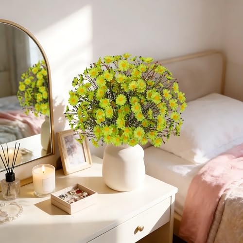 UV Resistant Green Daisy Artificial Flowers Lush 4 Bouquets Silk Fake Daisies, 14" UV Protected Faux Daisy Flowers for Indoor & Outdoor Vase, Planter, Floral Arrangements, Centerpieces, Wedding Decor - color: Green