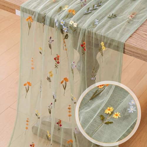 Boao 1 Pcs Wildflower Table Runner Embroidery Tulle Spring Summer Table Runner 120 Inch 10 ft Kitchen Dining Decoration for Wedding Baby Shower Bridal Shower Home Decor Birthday Party (Sage Green) - color: Sage Green, size: Wildflower