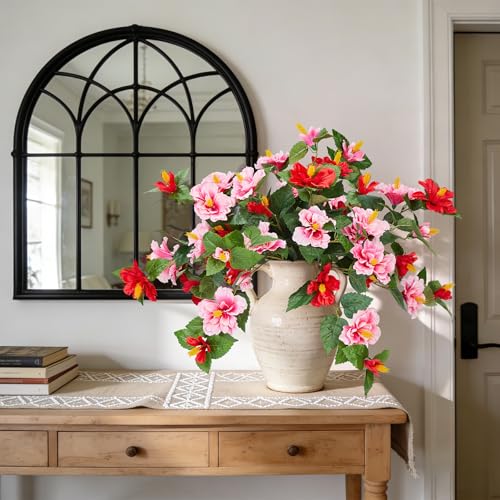 INXUGAO Artificial Flowers for Outdoors Indoors,2 Bunches Fake Hibiscus with Realistic UV Resistant Silk Flower Fabric Leaves,Faux Plants Outside for Home Patio Garden Yard Front Poch Decor(Red,Pink) - color: Hibiscus Red & Pink