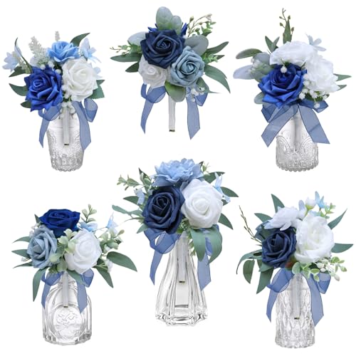 Marriwise Set of 6 Navy Blue Assorted Wedding Flower Centerpieces Pre-Made Mini Bridesmaid Bouquets Artificial Floral Rose Table Decor for Outdoor Beach Wedding Decorations Shower Home Decor - color: Navy Blue