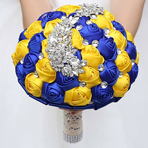 XINNI Handmade Bridal Wedding Bouquet Bride Bridesmaid Satin Rose Flower Bouquet with Meteor Shower Shape Rhinestone Wedding Decoration (Gold+RoyalBlue) - color: Gold+royalblue