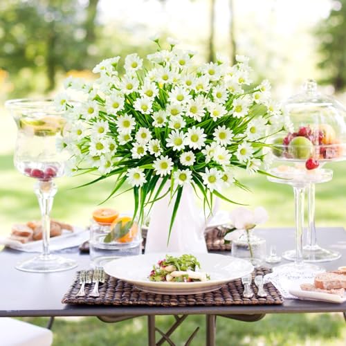 obbsie 12 Bundles Artificial Daisies Flowers Outdoor UV Resistant Fake Silk Daisy Mums Flowers No Fade Faux Greenery Plants for Home Wedding Garden Window Box Outdoor Planters Spring Decor - White - color: White,green, size: 12 Pcs