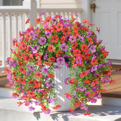 INQCMY 2Pcs Artificial Fake Hanging Flowers for Outdoors UV Resistant Artificial Plants for Spring Summer Decor Look Real Faux Flowers for Outside Home Planter Porch Patio Decor - color: Red Purple