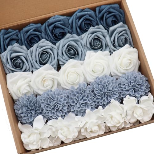 Artificial Flowers Combo Delicate Elegant Dusty Blue Mixed Flowers with Stem for DIY Wedding Bouquets Centerpieces Baby Shower Party Home Decorations - color: Elegant Dusty Blue