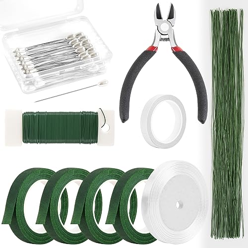 NESCCI Floral Arrangement Kit with Green Floral Tape and Wire,26 Gauge Floral Stem Wire,22 Gauge Floral Wire,Boutonniere Pin for Bouquet Stem Wrap Florist. - size: Floral Arrangement Kit