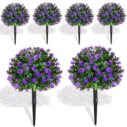 Yunlly Set of 6 Artificial Boxwood Topiary Ball Tree 16 Inch Outdoor Topiary Tree with Flower Fake Bushes, UV Resistance Faux Shrubs Evergreen Plant with Spike for Front Porch Indoor Decor (Purple) - color: Purple