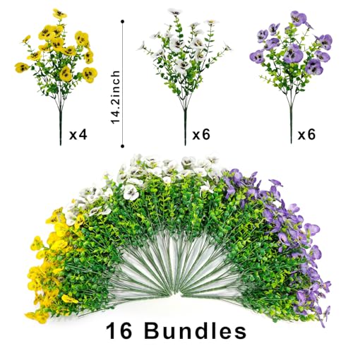 16 Bundles Artificial Fake Pansies Flowers for Outdoors Silk Colorful Pansy UV Resistant Faux Plastic Plants for Outside Planter Front Door Porch Yard Patio Garden Decor (Yellow Purple White) - color: Yellow Purple White
