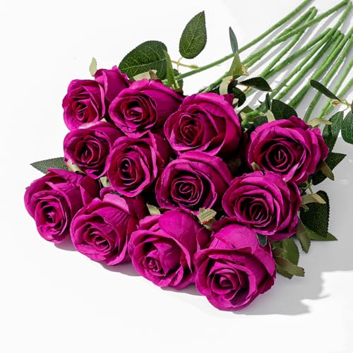 12Pcs Realistic Fake Roses Faux Flowers with Long Stems, Artificial Silk Rose Flowers for Valentines Day Home Wedding Decor Bridal Bouquet (Purple) - color: Purple