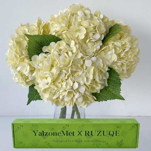 YalzoneMet 4 PCS Beige Creamy Hydrangea Artificial Flowers 21 inches Real Touch Faux Latex Hydrangea Flowers for Wedding Table Centerpieces Fake Flowers for Party Home Kitchen Fall Decor - color: Beige Creamy