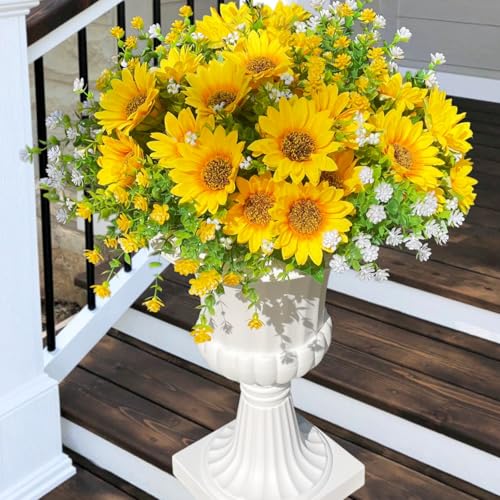 Artificial Sunflowers Faux Flowers Plants for Outdoor Summer Fall Decoration, Fake Silk Realistic UV Resistant Yellow Sun Flowers for Outside Porch Planters Patio, 8 Bundles - color: Yellow