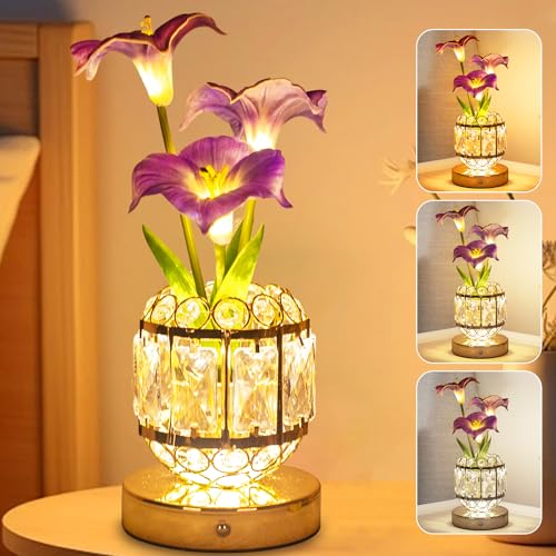 Flower Table Lamp, 3-Color Dimmable Artificial Flowers Night Light, Rechargeable Cordless Small Desk Lamp, Morning Glory with Crystal Vase for Party Date Home Decoration (Purple - Morning Glory) - color: Purple - Morning Glory