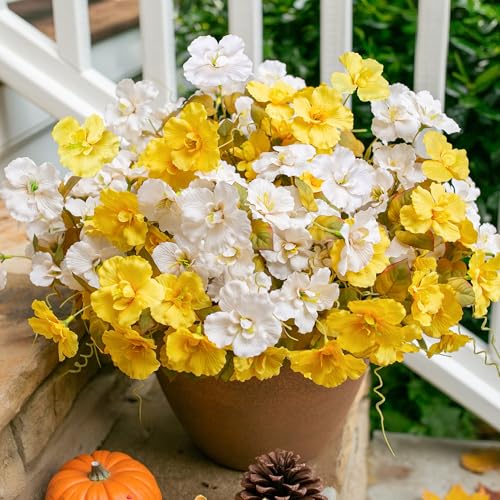 Hoppwodd Fall Flowers Fake Flowers Mums for Outdoors Autumn Decoration, 6 Bundles Artificial Flowers Faux Silk Plants Realistic UV Resistant for Outside Planter Patio (Fall Yellow White) - color: Fallyellwhi