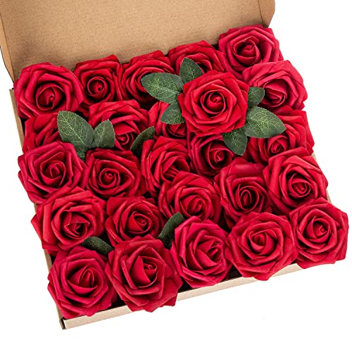 25pcs Artificial Flower Foam Rose Real Touch Roses Flower Heads with Stem for DIY Wedding Bouquets Centerpieces Arrangements Party Baby Shower Home Decor (Dark Red) - color: Dark Red