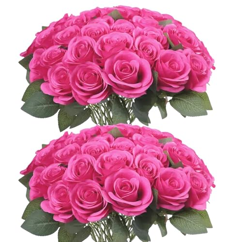 52pcs Hot Pink Roses Artificial Flowers Fake Flowers Silk Roses with Stems for DIY Wedding Bouquets Bridal Shower Table Centerpieces Arrangements Party Home Decorations - color: Hot Pink