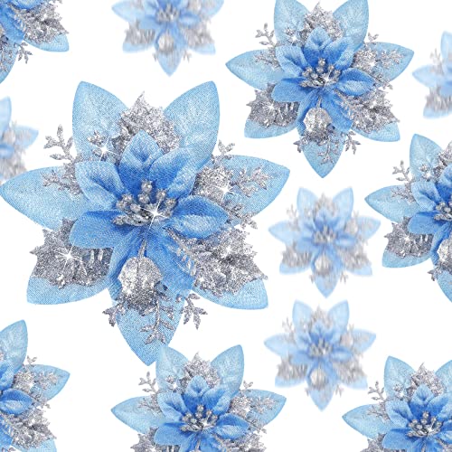 Geosar 36 Pcs Christmas Glitter Artificial Poinsettia Flowers Xmas Poinsettia Artificial Wedding Flowers Decorations Xmas Tree Ornaments with Clips for Party, 6 Inch, 4 Inch, 3 Inch(Silver and Blue) - color: Silver and Blue