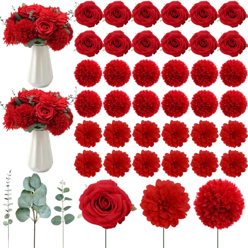 Suncalla 98 Pcs Artificial Flowers Bouquet Assorted Faux Flowers Heads with Stem Eucalyptus Leaves Silk Floral Table Centerpiece for DIY Wedding Party Wreath Home Decor(Red Color) - color: Red Color