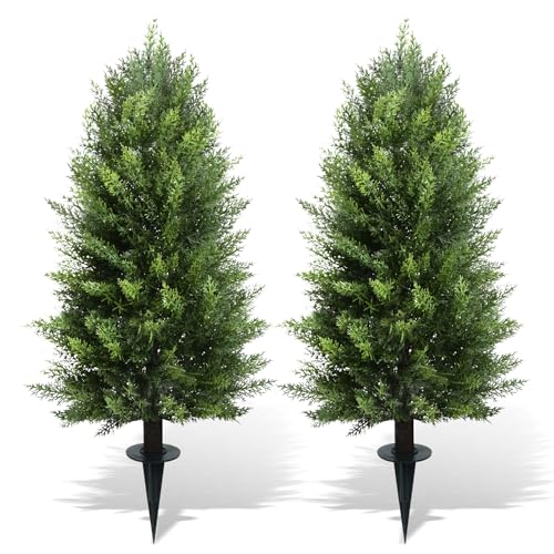 Joyooss 3FT Artificial Cedar Topiary Ball Trees Outdoor Fake Plants Faux Plants Front Porch Decor for Indoor Outdoor Garden Plant 2 Pack Fake Evergreen Bush UV Resistant with Ground Spike - size: 3FT