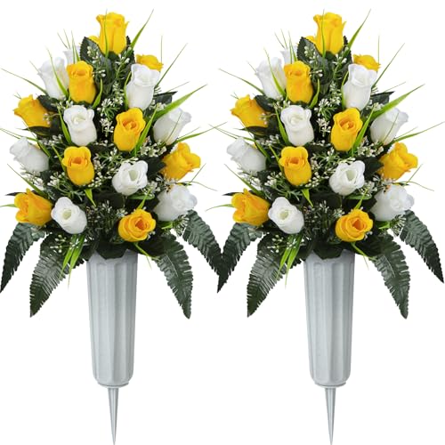 XONOR 2 Sets Artificial Cemetery Flowers, Grave Decorations Roses, Memorial Flowers Bouquet with Vase for Grave Cemetery Decoration (Yellow&White) - color: Yellow&white